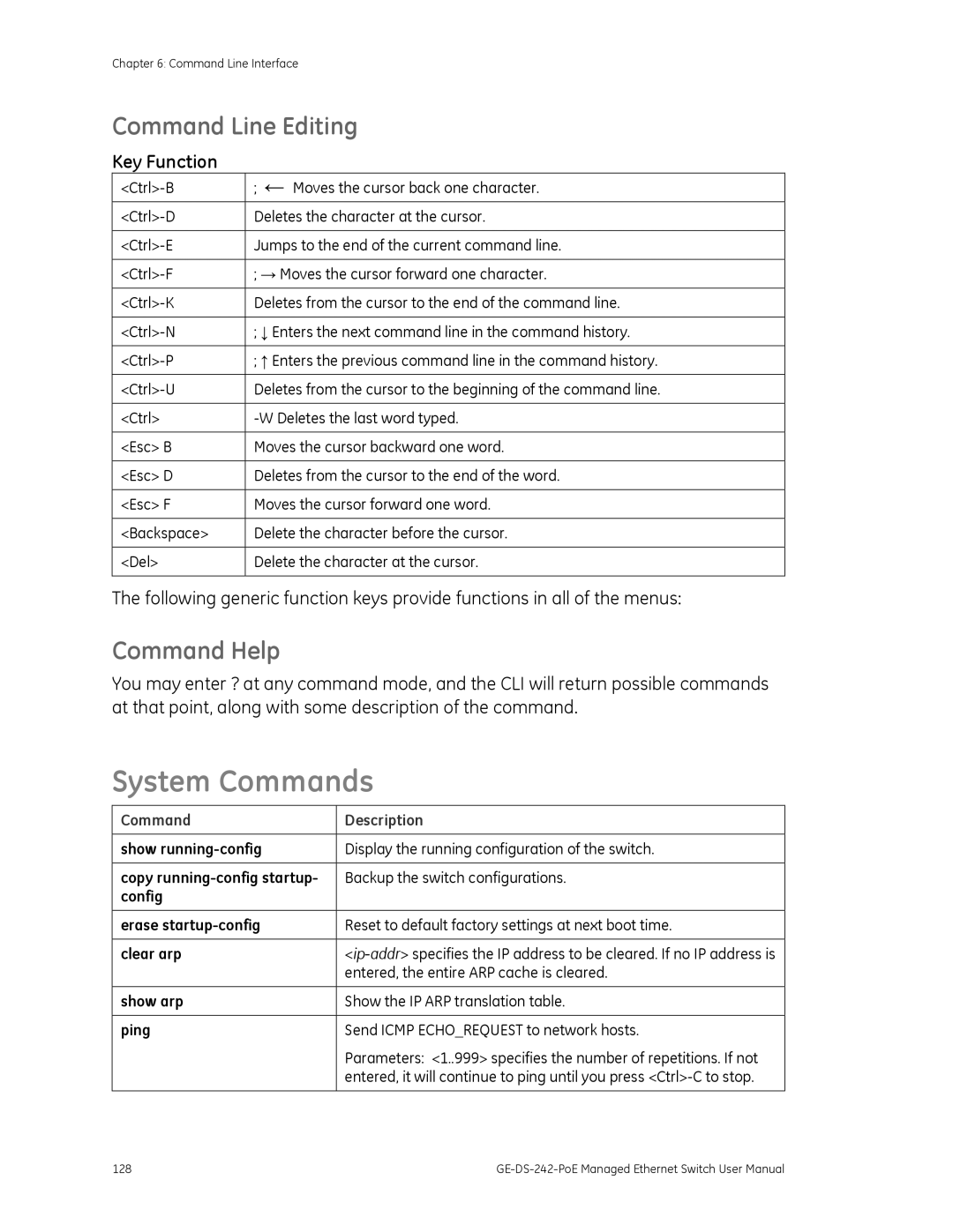Graco GE-DS-242-POE manual System Commands, Command Line Editing, Command Help, Key Function 