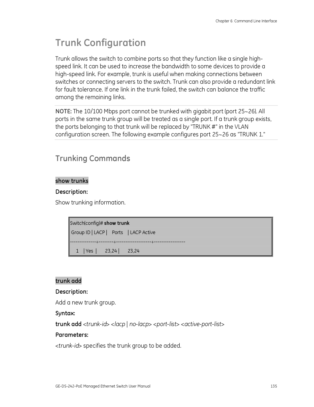 Graco GE-DS-242-POE manual Trunk Configuration, Trunking Commands 
