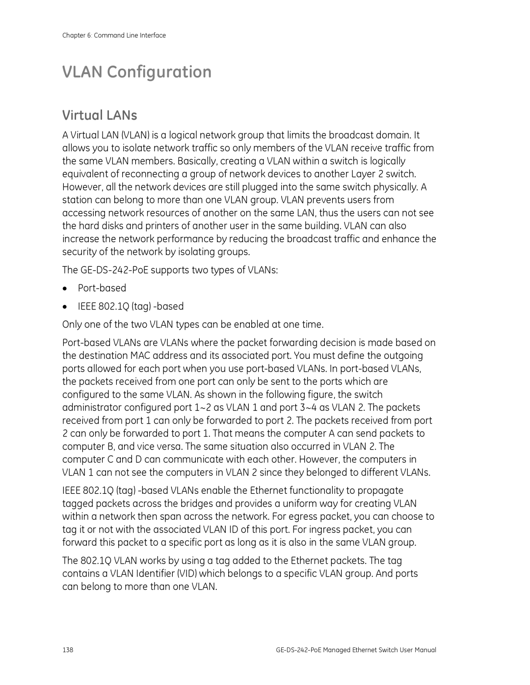 Graco GE-DS-242-POE manual Vlan Configuration, Virtual LANs 