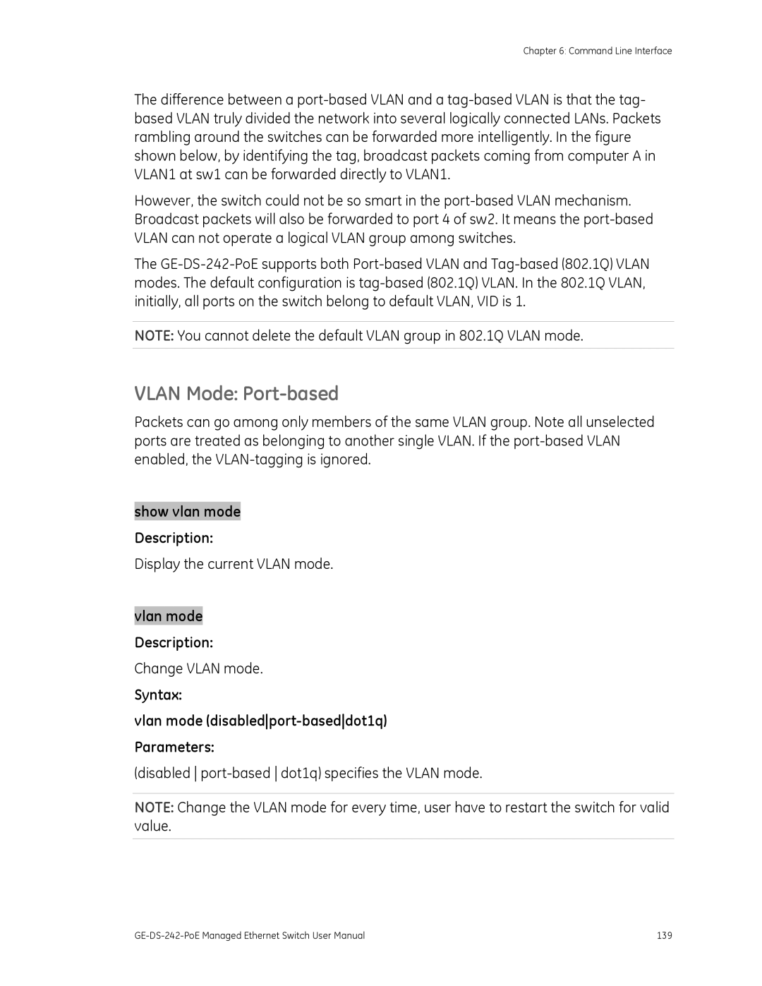 Graco GE-DS-242-POE manual Vlan Mode Port-based, Syntax 