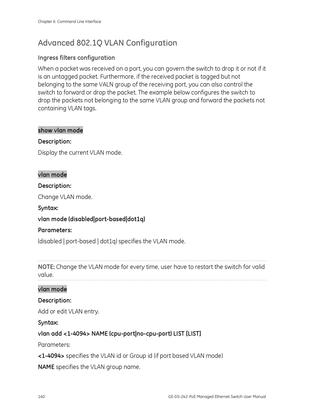 Graco GE-DS-242-POE manual Advanced 802.1Q Vlan Configuration, Ingress filters configuration 
