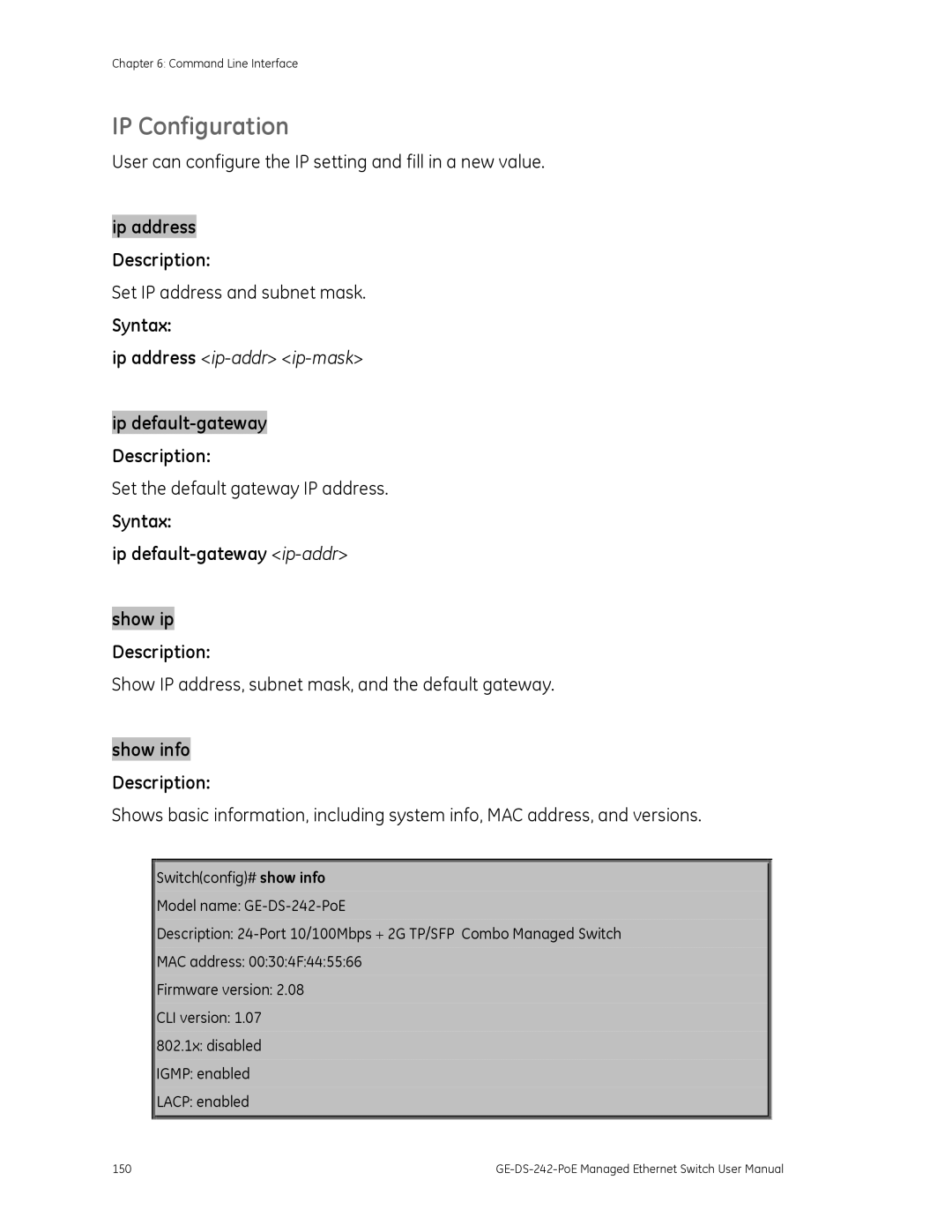 Graco GE-DS-242-POE manual IP Configuration, Syntax Ip default-gateway ip-addr 