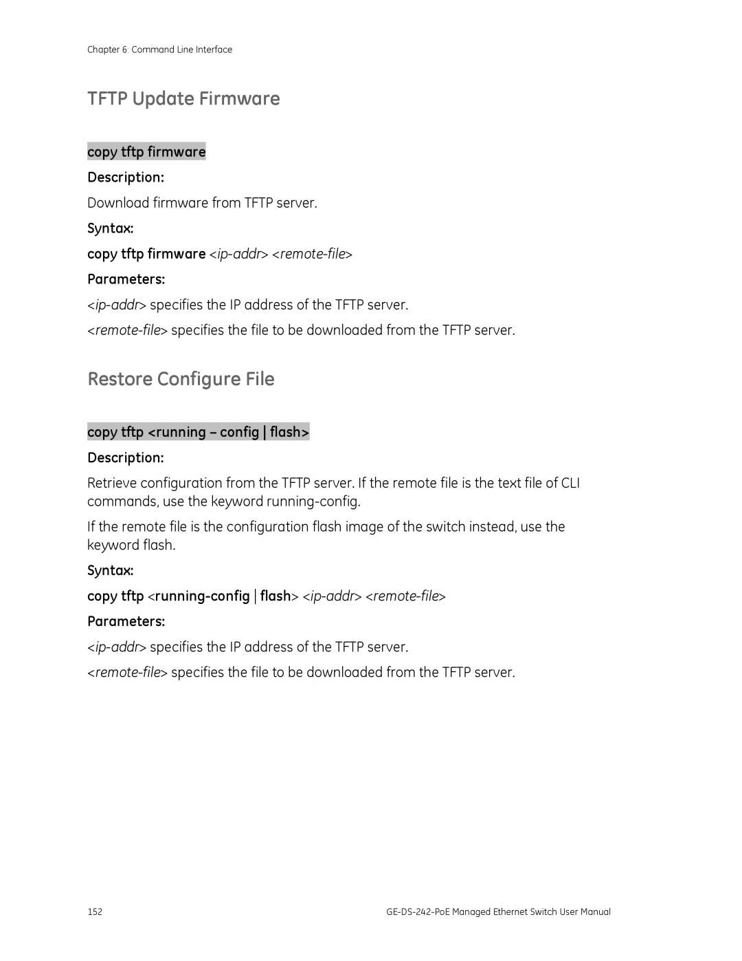 Graco GE-DS-242-POE Tftp Update Firmware, Restore Configure File, Syntax Copy tftp firmware ip-addrremote-file Parameters 