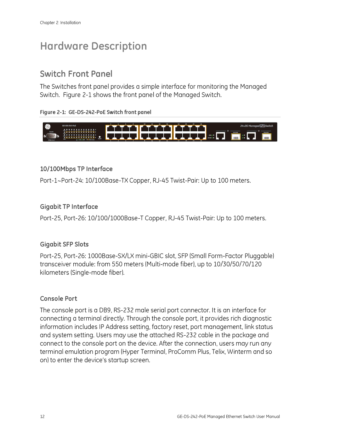 Graco GE-DS-242-POE manual Hardware Description, Switch Front Panel 