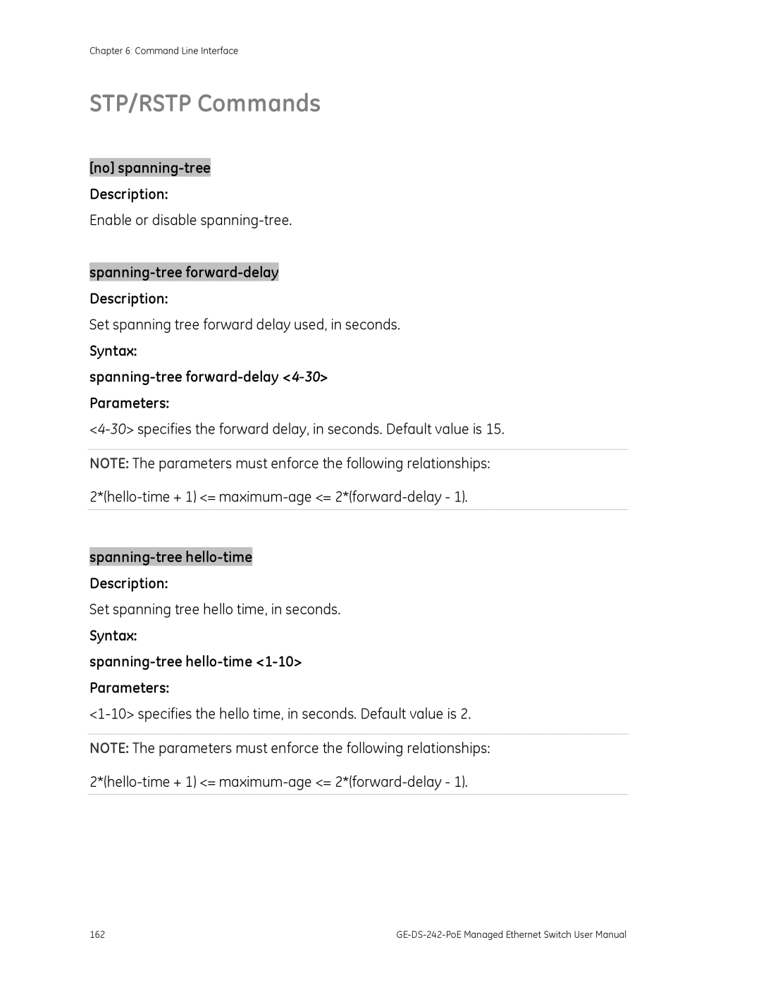 Graco GE-DS-242-POE manual STP/RSTP Commands, Spanning-tree forward-delay Description, Spanning-tree hello-time Description 