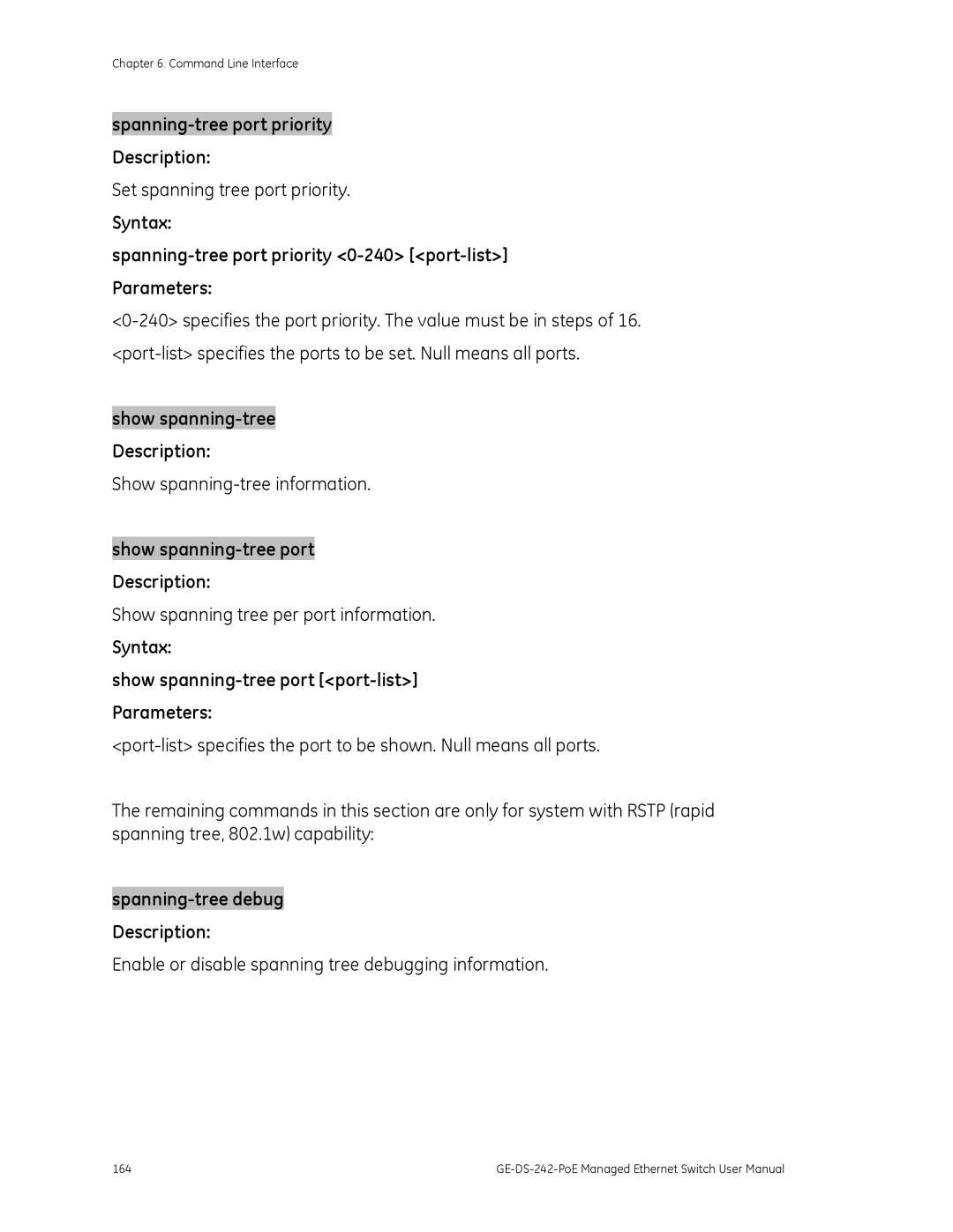 Graco GE-DS-242-POE manual Spanning-tree port priority Description, Show spanning-tree port Description 