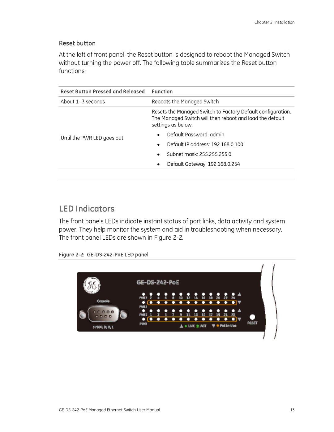 Graco GE-DS-242-POE manual LED Indicators, Reset button 