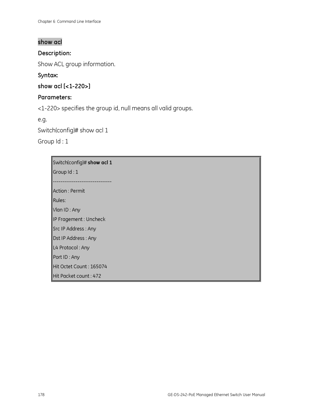 Graco GE-DS-242-POE manual Show ACL group information 