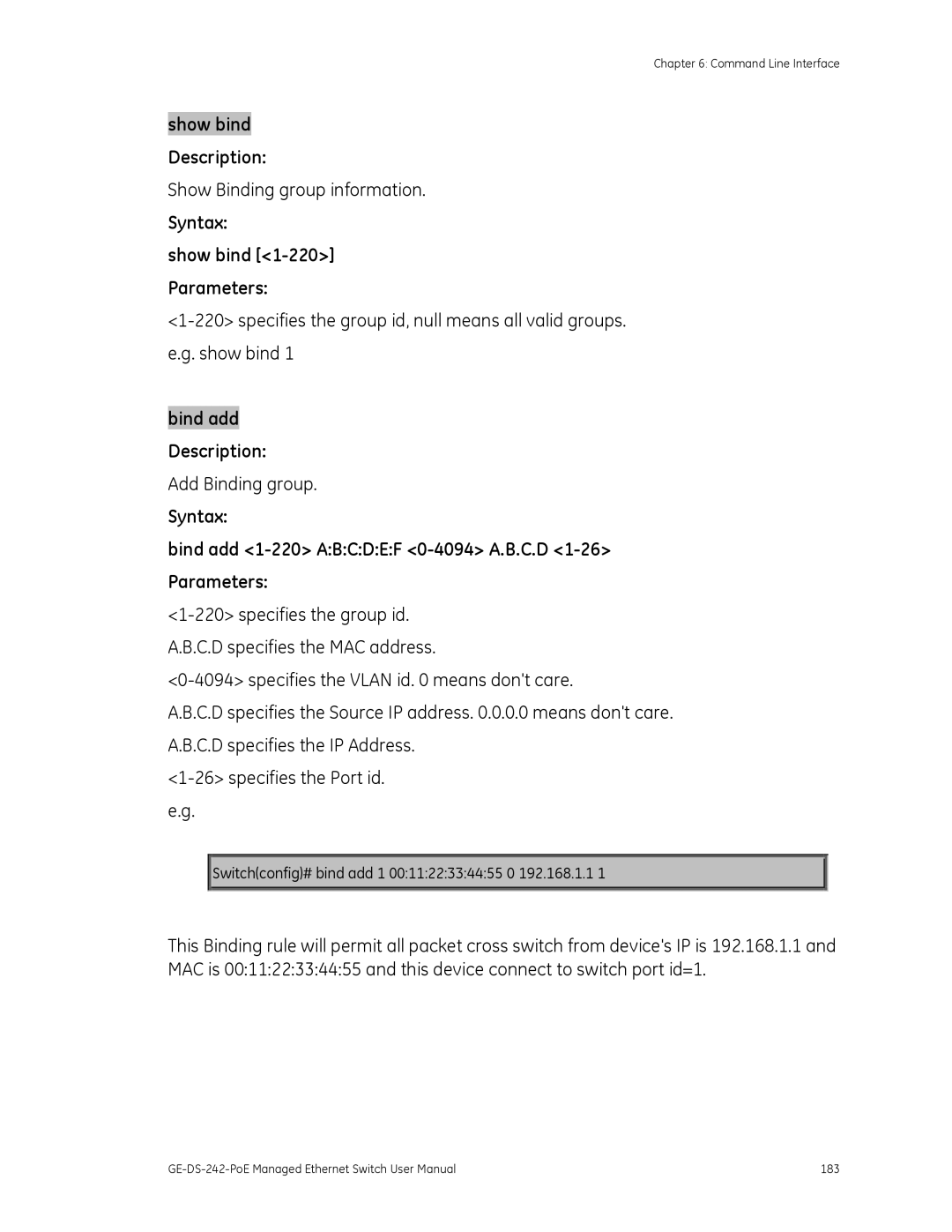 Graco GE-DS-242-POE manual Syntax Bind add 1-220 Abcdef 0-4094 A.B.C.D 1-26 Parameters 