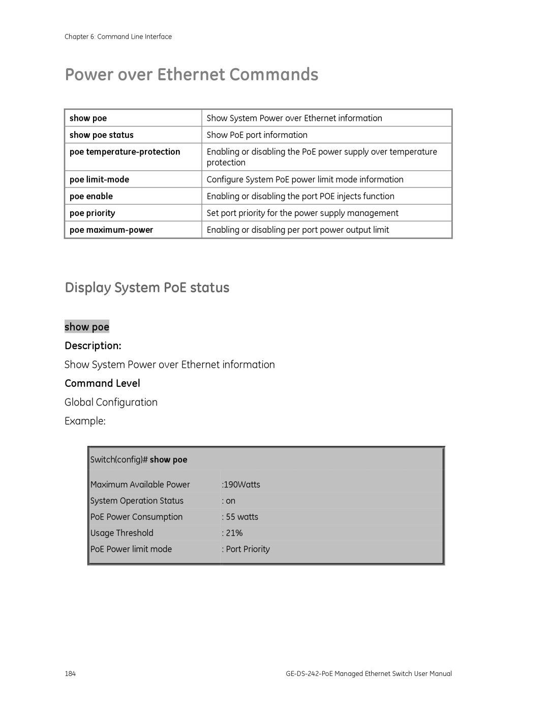 Graco GE-DS-242-POE manual Power over Ethernet Commands, Display System PoE status, Command Level 