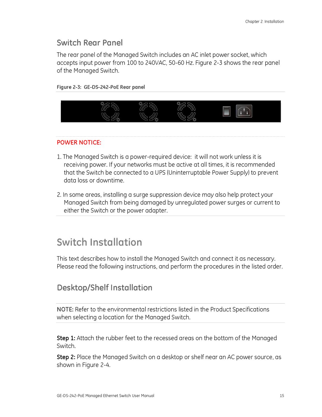 Graco GE-DS-242-POE manual Switch Installation, Switch Rear Panel, Desktop/Shelf Installation 