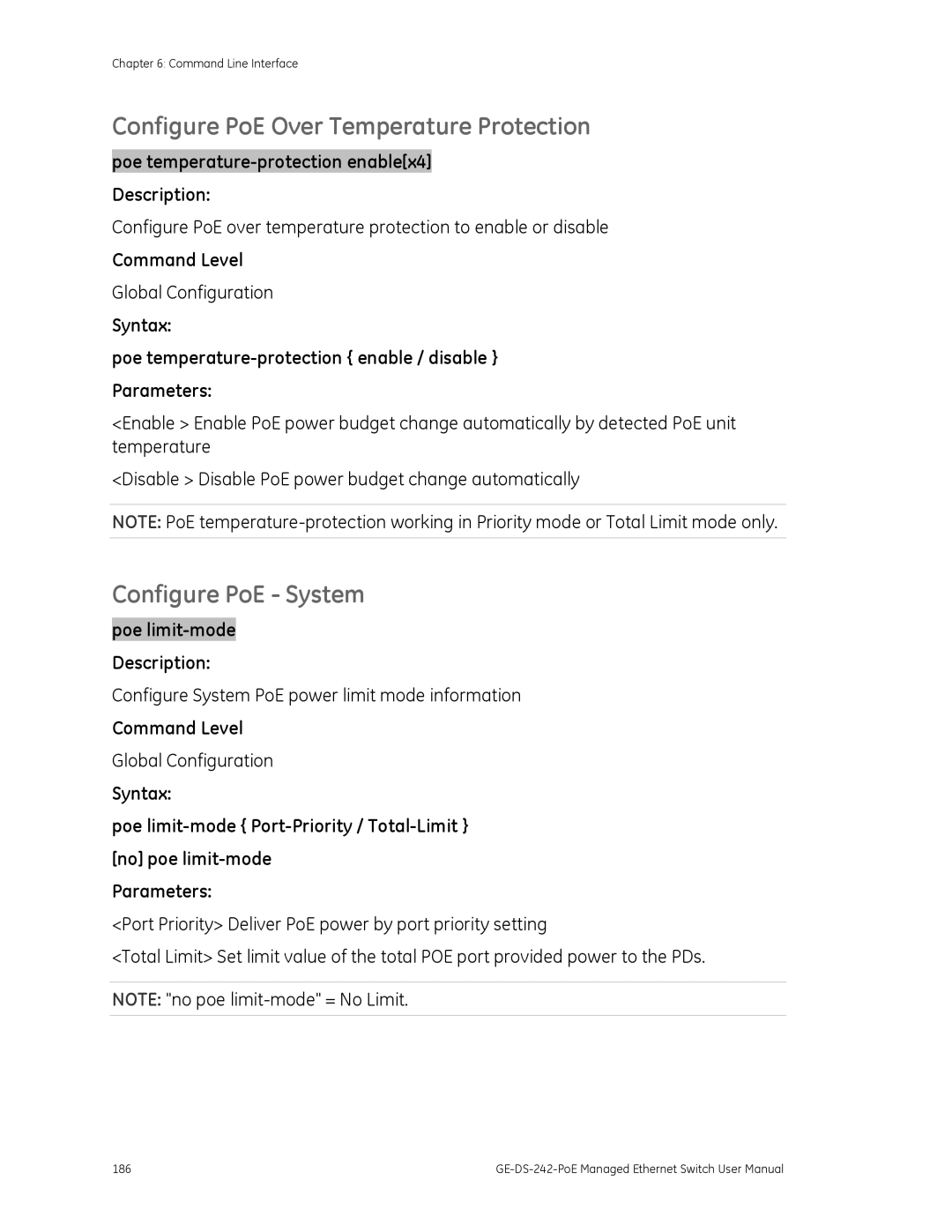 Graco GE-DS-242-POE manual Configure PoE Over Temperature Protection, Configure PoE System 