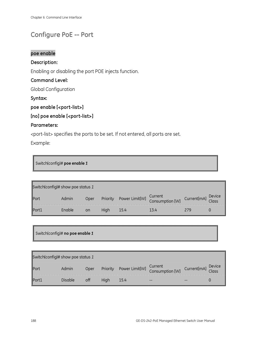 Graco GE-DS-242-POE manual Configure PoE -- Port 