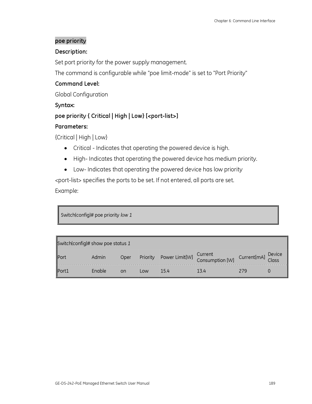 Graco GE-DS-242-POE manual Syntax Poe priority Critical High Low port-list Parameters 