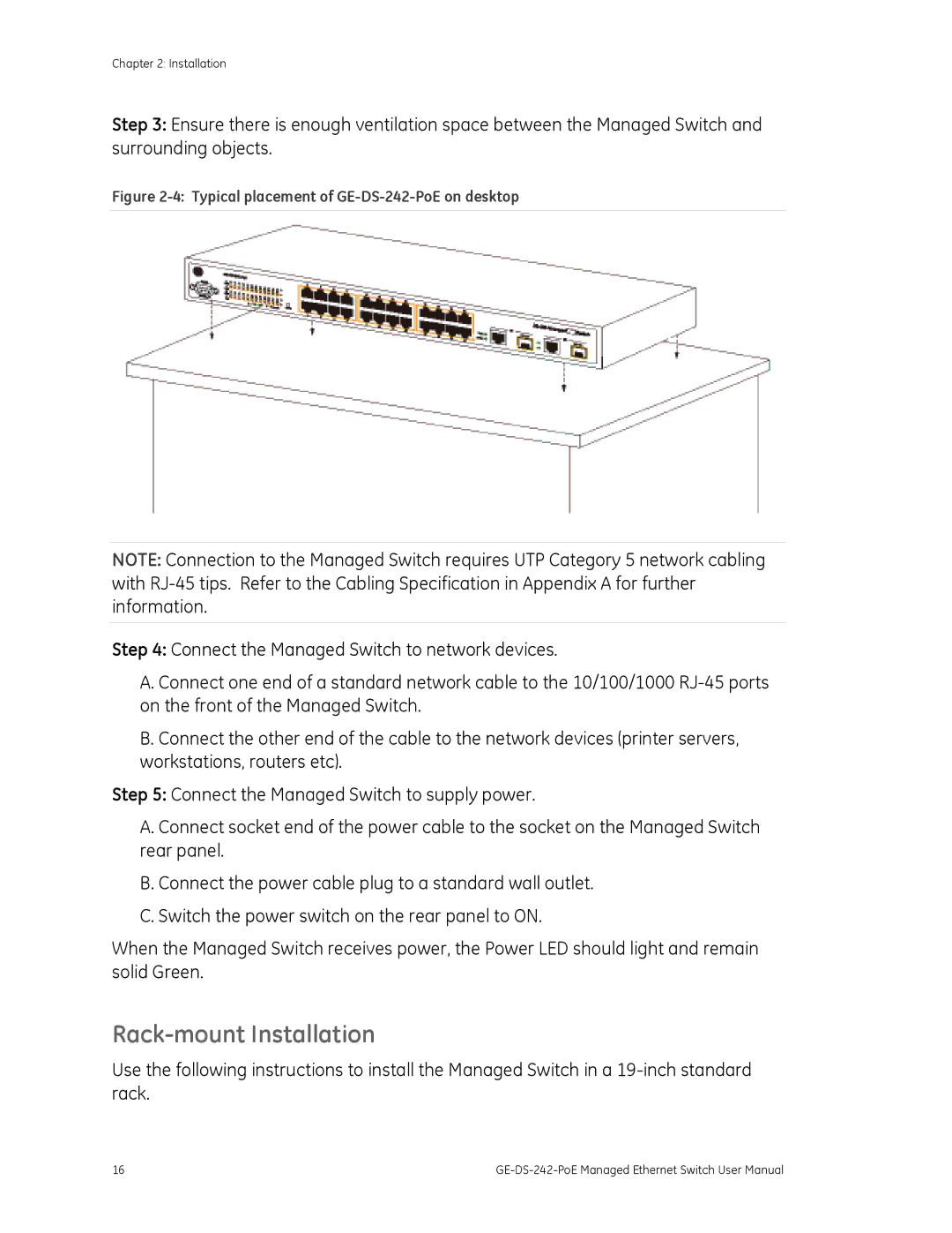 Graco GE-DS-242-POE manual Rack-mount Installation, Typical placement of GE-DS-242-PoE on desktop 