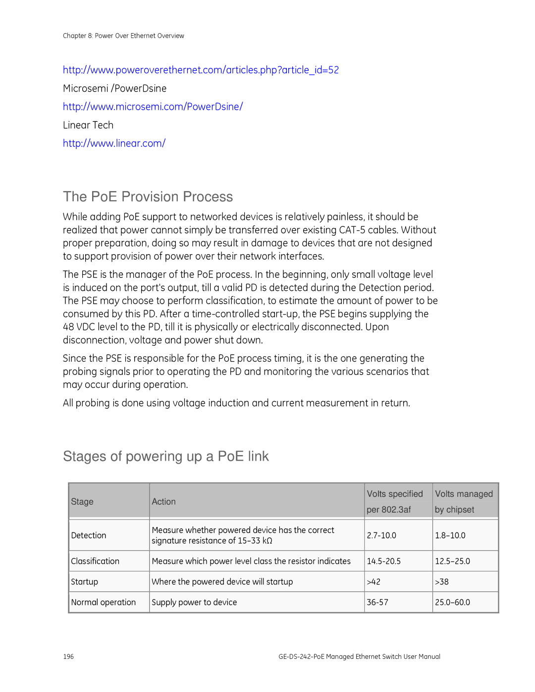 Graco GE-DS-242-POE manual PoE Provision Process, Stages of powering up a PoE link 