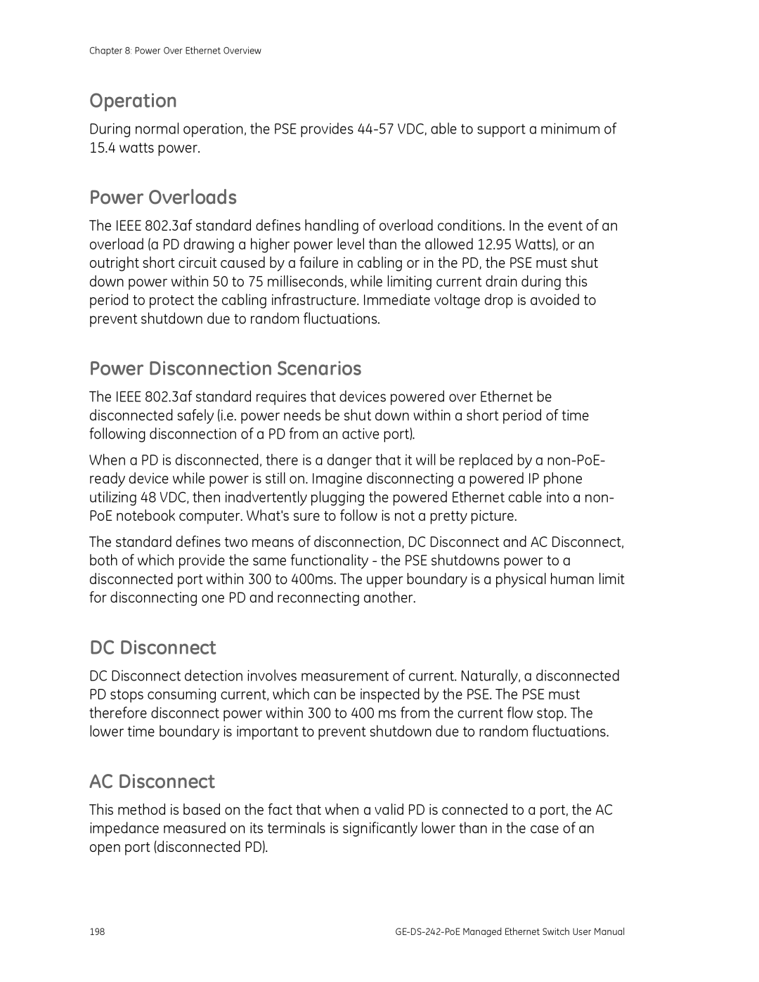 Graco GE-DS-242-POE manual Operation, Power Overloads, Power Disconnection Scenarios, DC Disconnect, AC Disconnect 