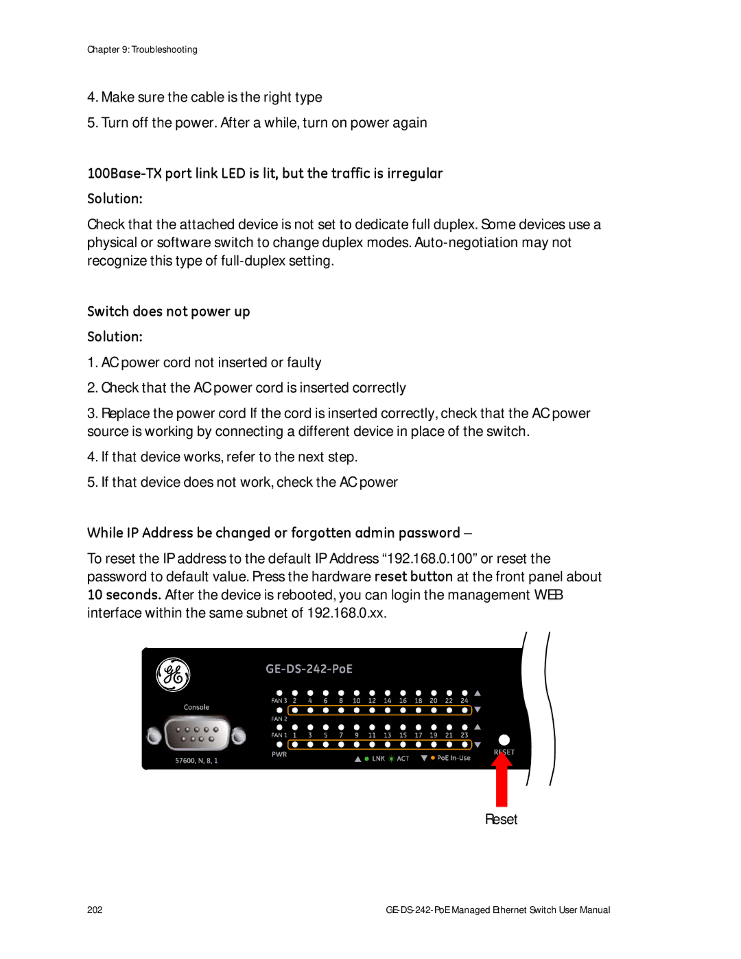 Graco GE-DS-242-POE manual Switch does not power up Solution, While IP Address be changed or forgotten admin password 