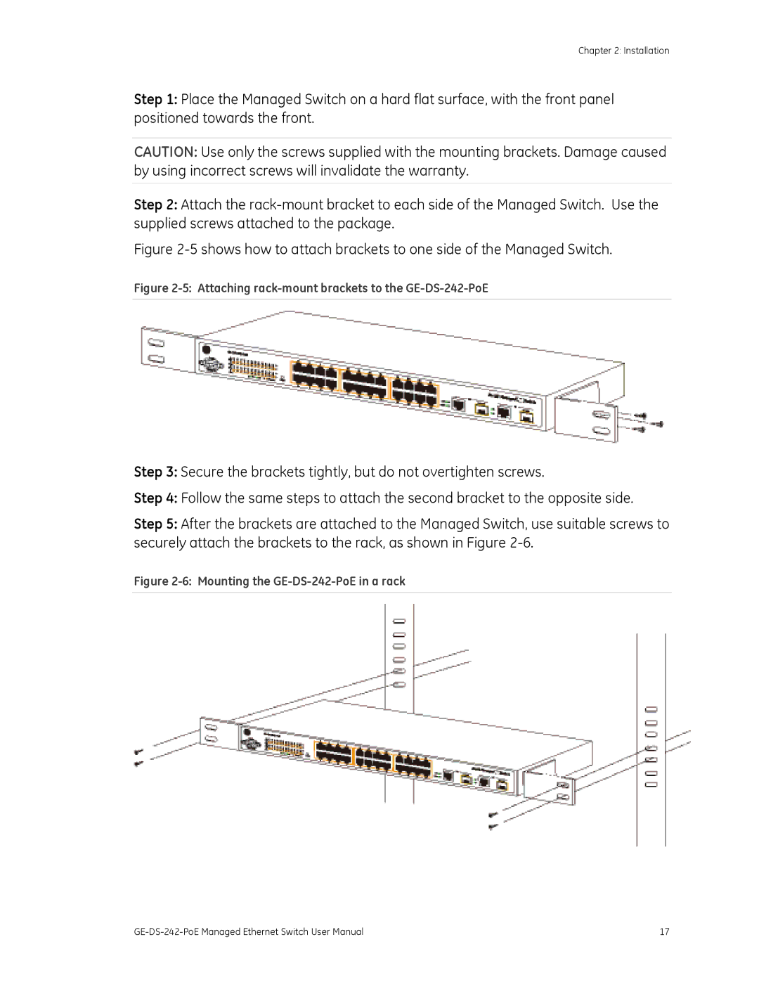 Graco GE-DS-242-POE manual Attaching rack-mount brackets to the GE-DS-242-PoE 