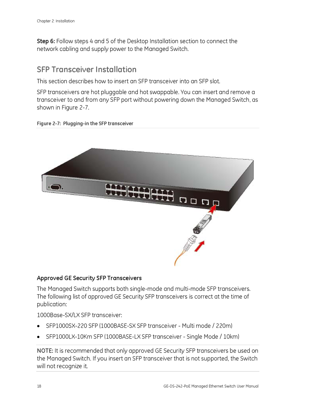 Graco GE-DS-242-POE manual SFP Transceiver Installation, Approved GE Security SFP Transceivers 