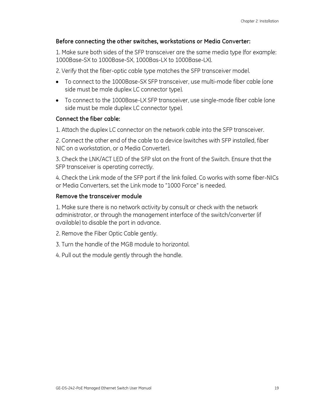 Graco GE-DS-242-POE manual Connect the fiber cable, Remove the transceiver module 
