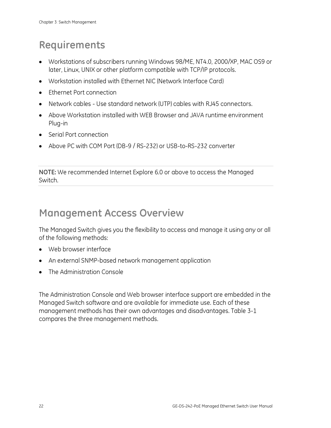 Graco GE-DS-242-POE manual Requirements, Management Access Overview 