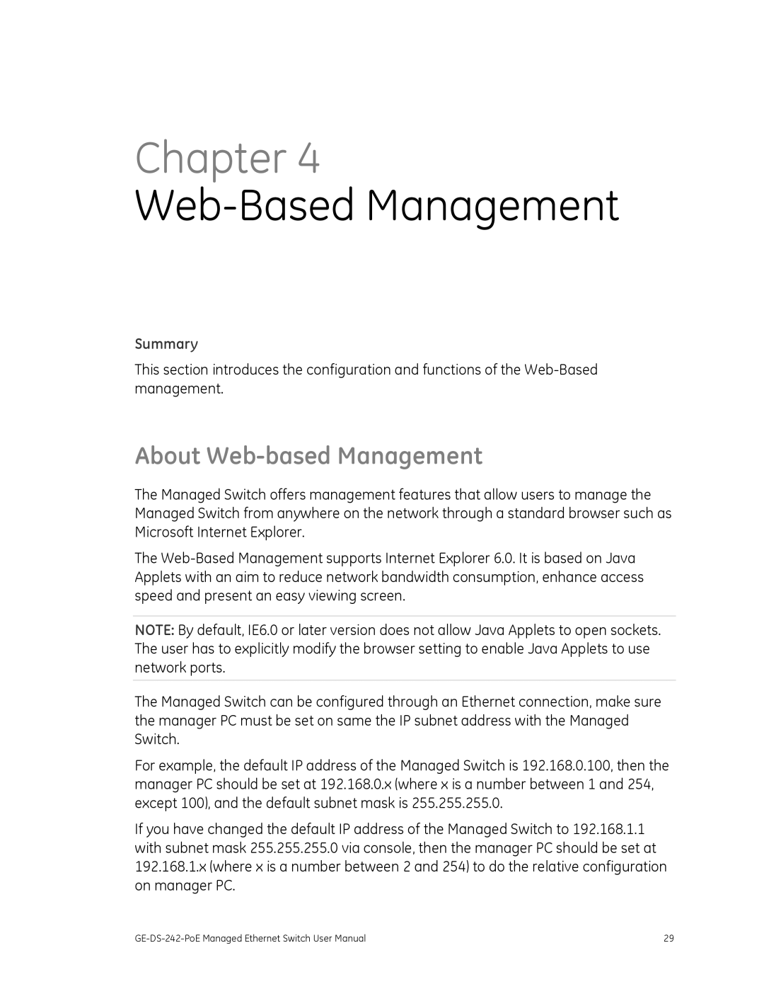 Graco GE-DS-242-POE manual About Web-based Management, Summary 