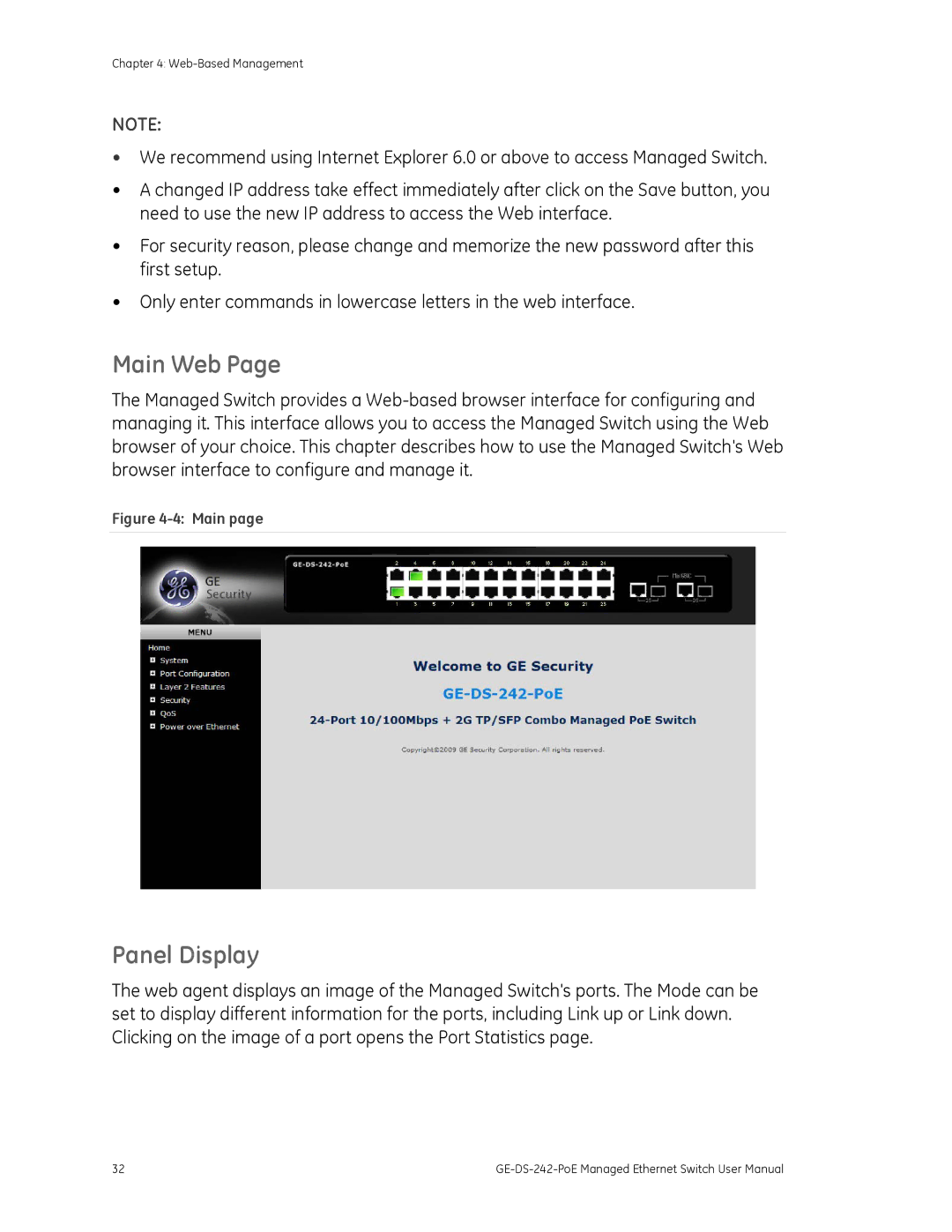 Graco GE-DS-242-POE manual Main Web, Panel Display 