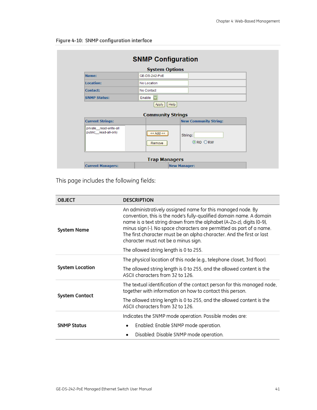 Graco GE-DS-242-POE manual System Name, System Location, System Contact, Snmp Status 