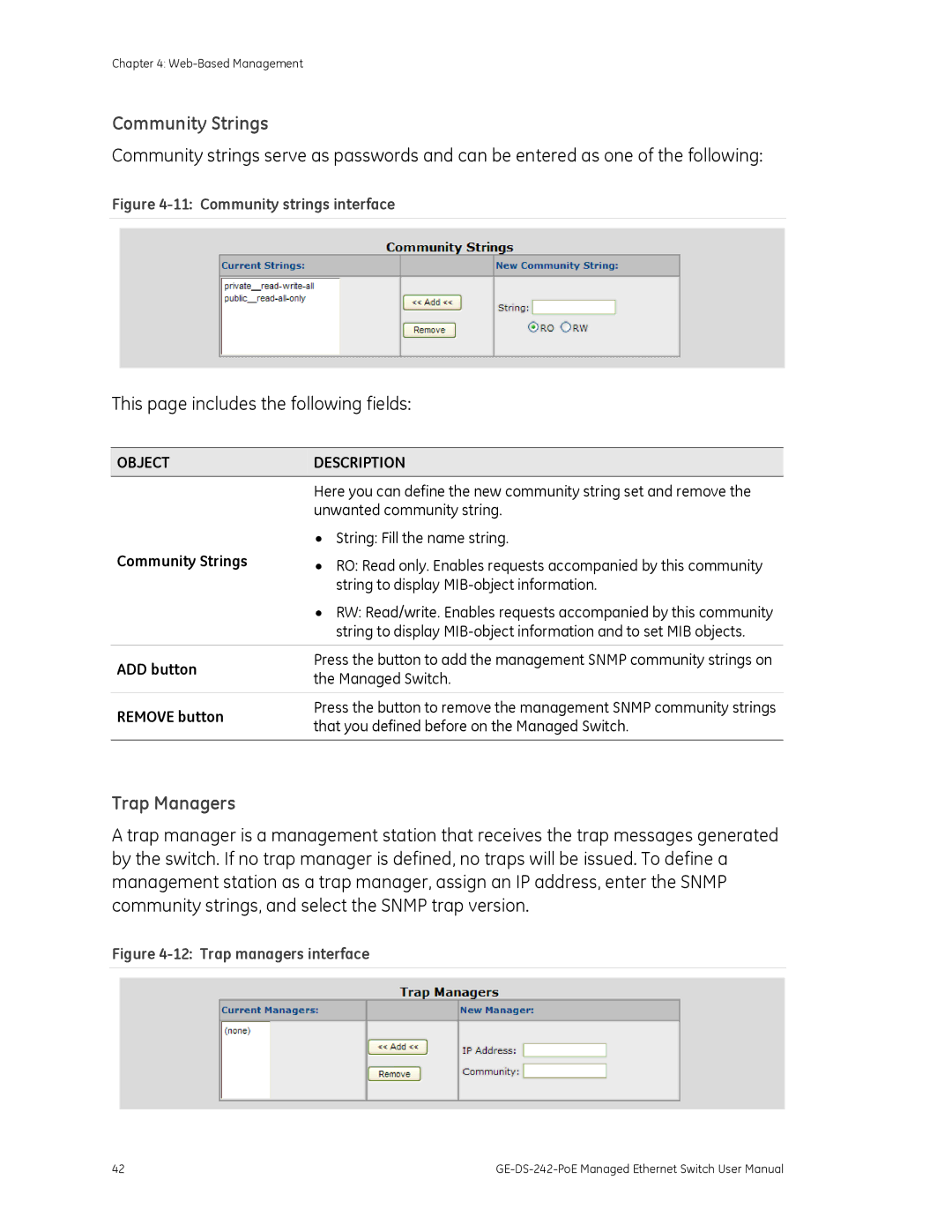Graco GE-DS-242-POE manual Community Strings, Trap Managers, ADD button, Remove button 