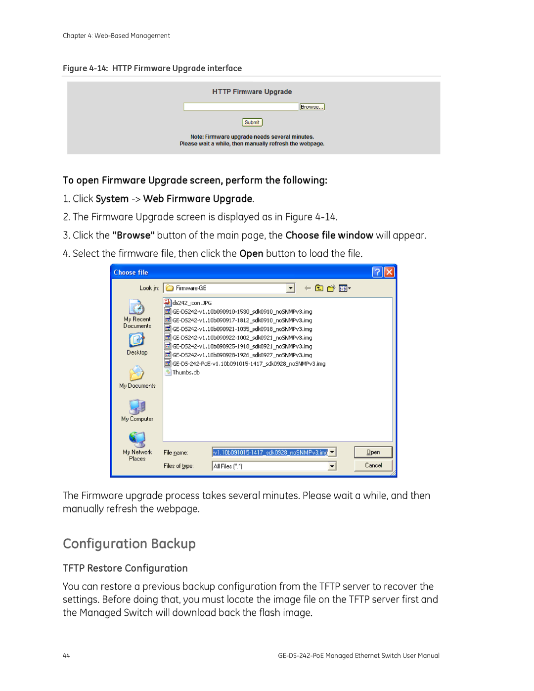 Graco GE-DS-242-POE manual Configuration Backup, Tftp Restore Configuration 