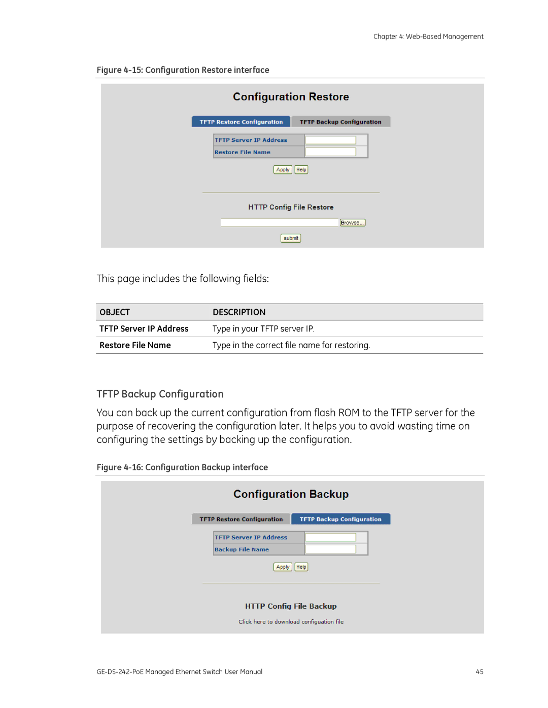 Graco GE-DS-242-POE manual Tftp Backup Configuration, Configuration Restore interface 