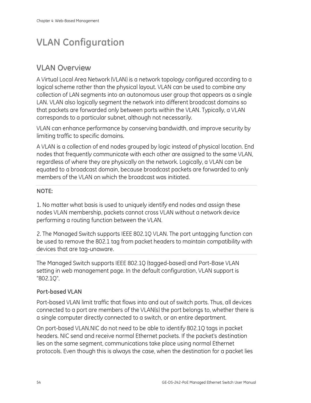 Graco GE-DS-242-POE manual Vlan Configuration, Vlan Overview, Port-based Vlan 