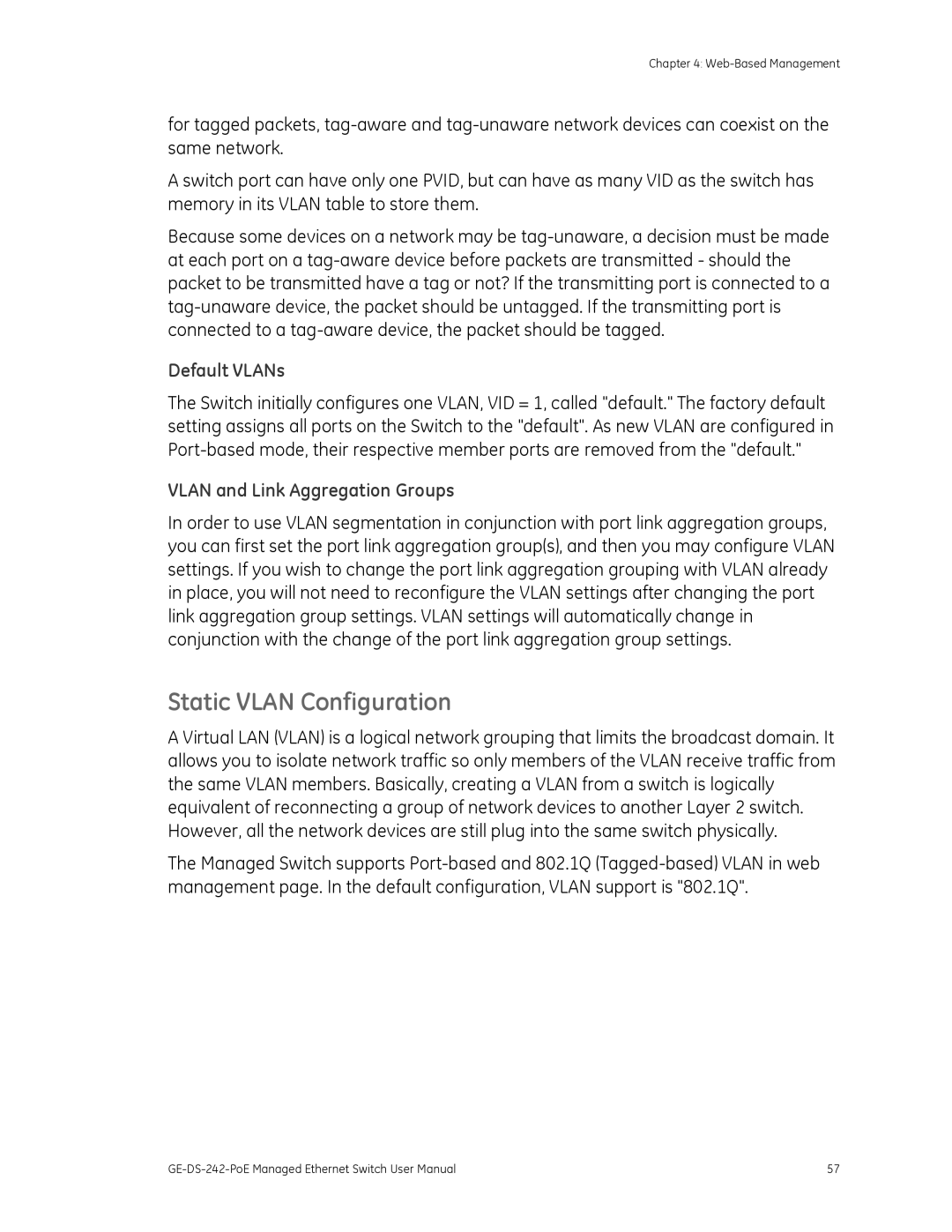 Graco GE-DS-242-POE manual Static Vlan Configuration, Default VLANs, Vlan and Link Aggregation Groups 