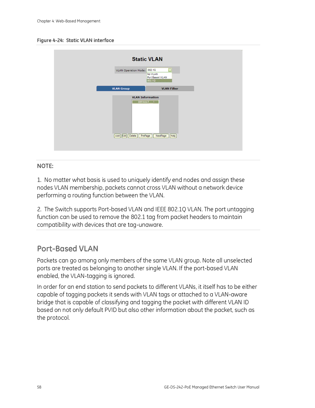 Graco GE-DS-242-POE manual Port-Based Vlan, Static Vlan interface 