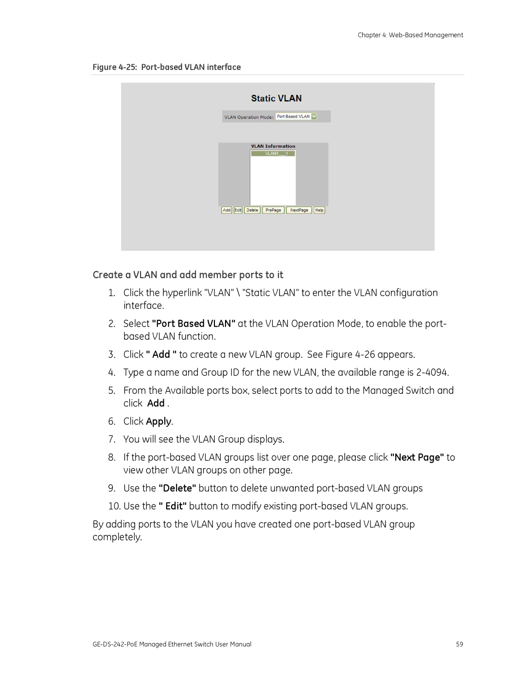 Graco GE-DS-242-POE manual Create a Vlan and add member ports to it, Port-based Vlan interface 