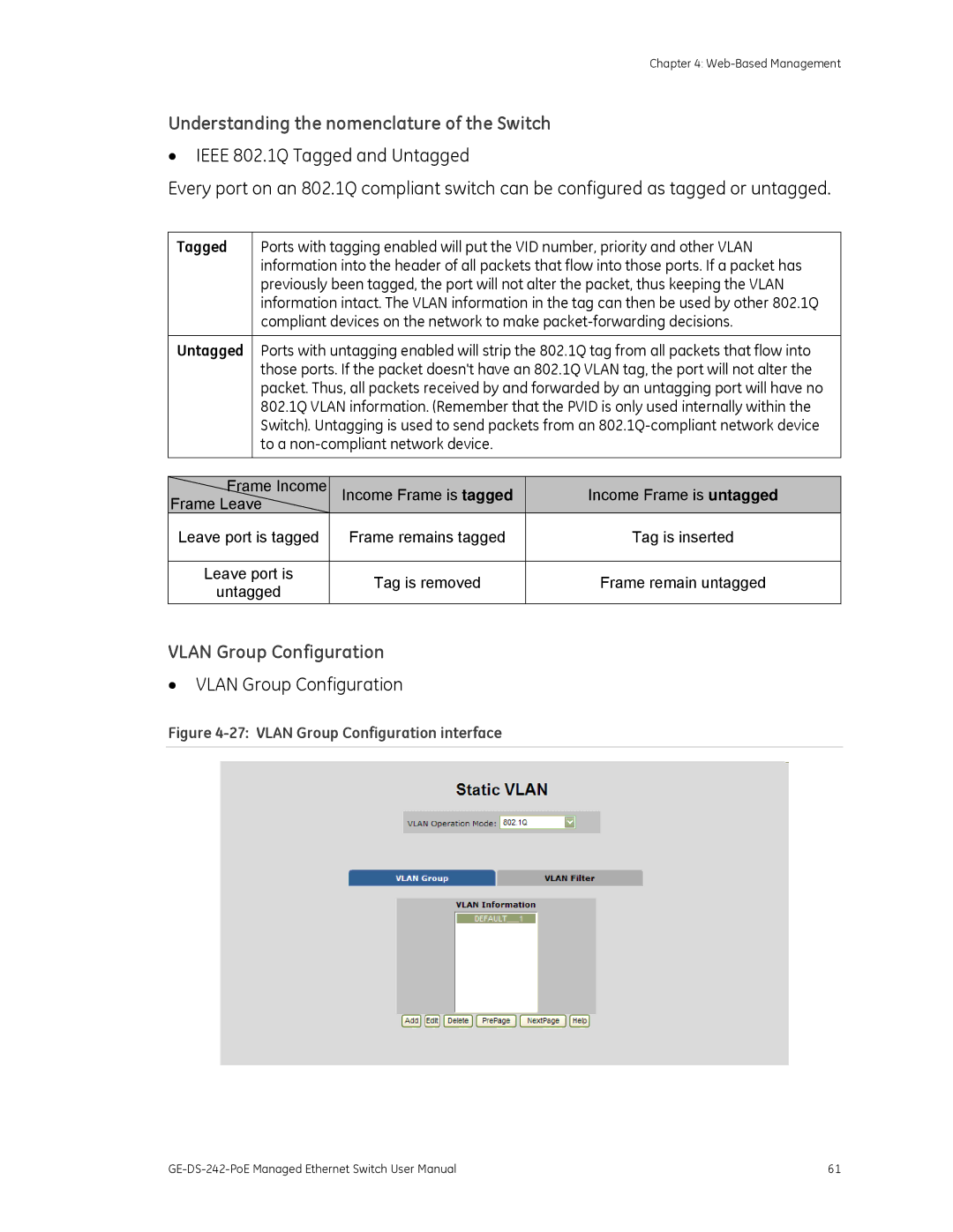 Graco GE-DS-242-POE manual Understanding the nomenclature of the Switch, Vlan Group Configuration, Tagged, Untagged 