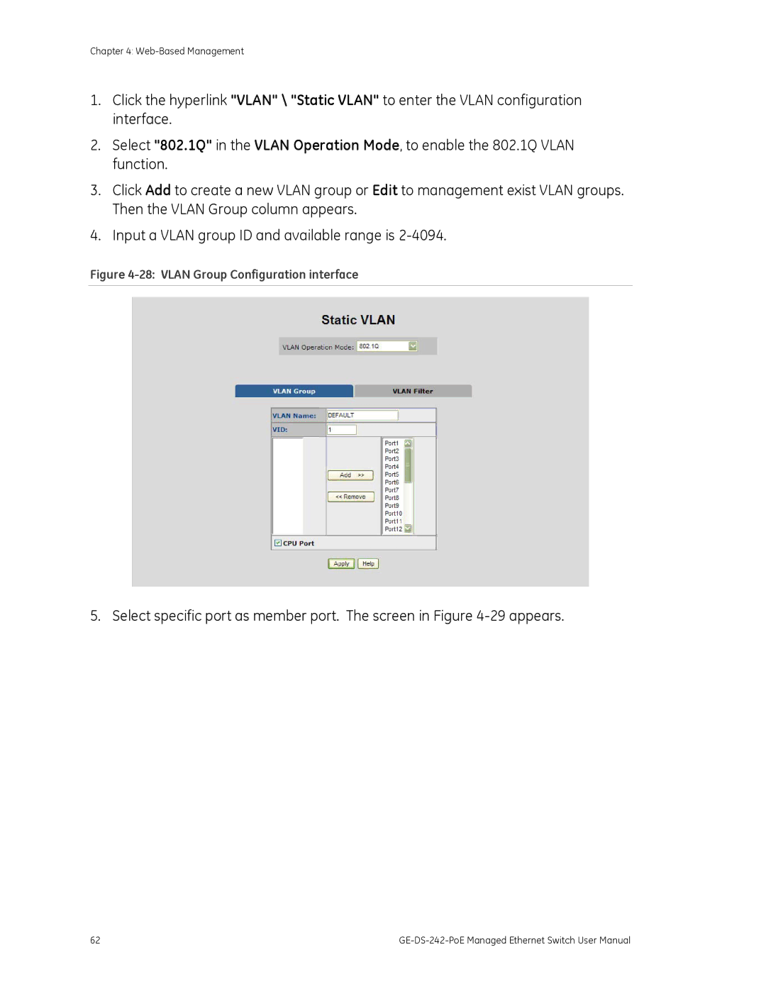 Graco GE-DS-242-POE manual Vlan Group Configuration interface 