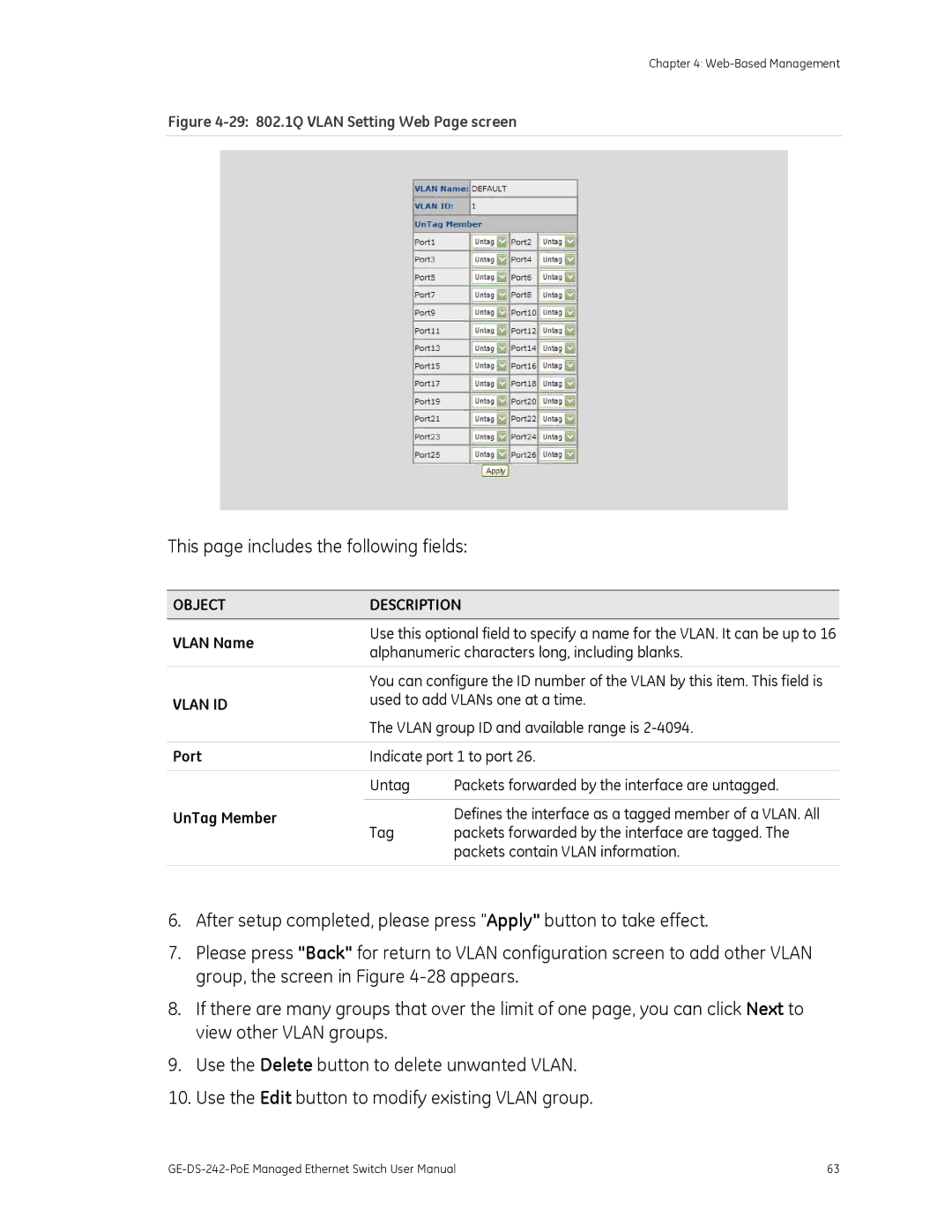 Graco GE-DS-242-POE manual Vlan ID, UnTag Member 