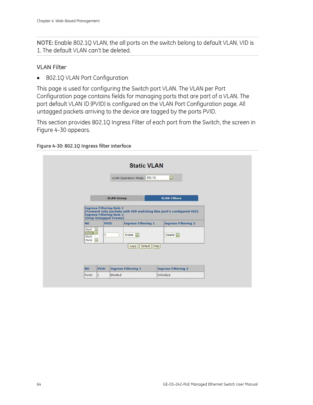 Graco GE-DS-242-POE manual Vlan Filter, 30 802.1Q Ingress filter interface 