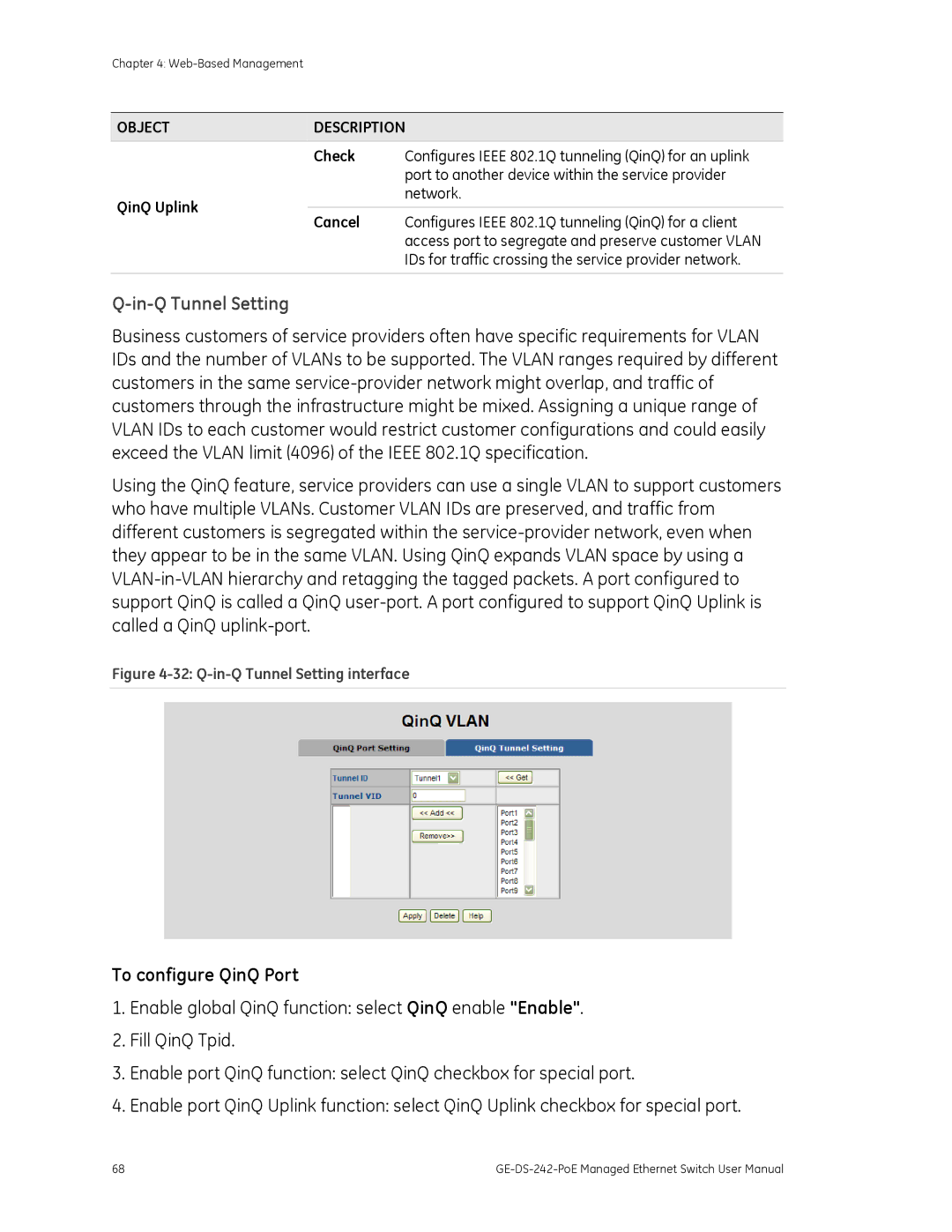 Graco GE-DS-242-POE manual In-Q Tunnel Setting, To configure QinQ Port 