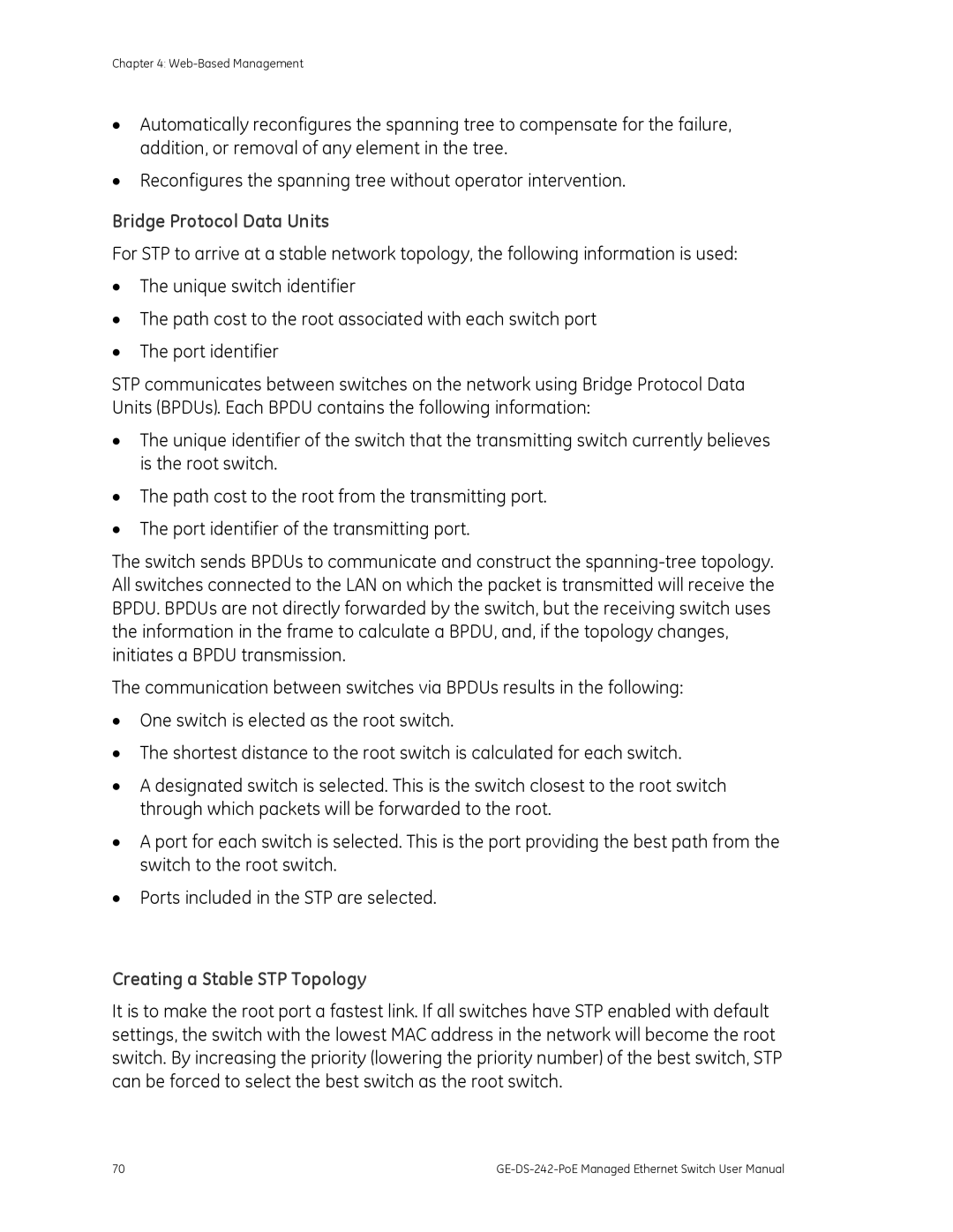 Graco GE-DS-242-POE manual Bridge Protocol Data Units, Creating a Stable STP Topology 