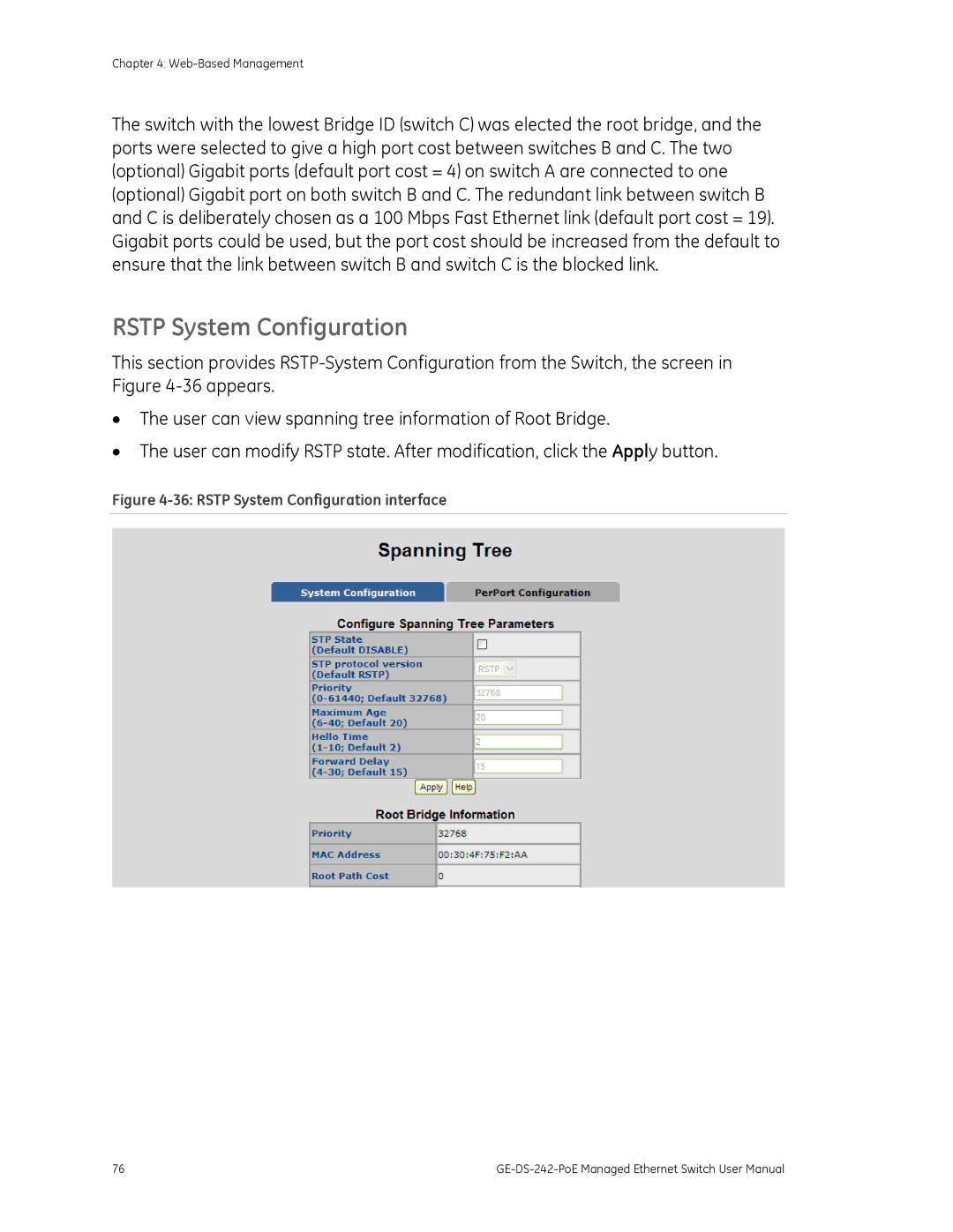 Graco GE-DS-242-POE manual Rstp System Configuration interface 