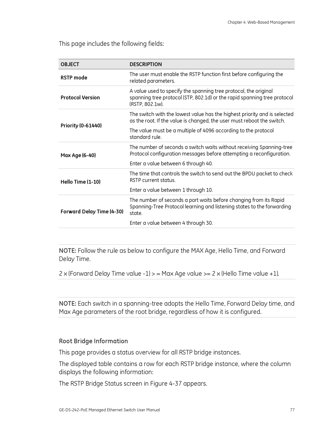 Graco GE-DS-242-POE manual Root Bridge Information, Rstp mode, Protocol Version, Max Age 