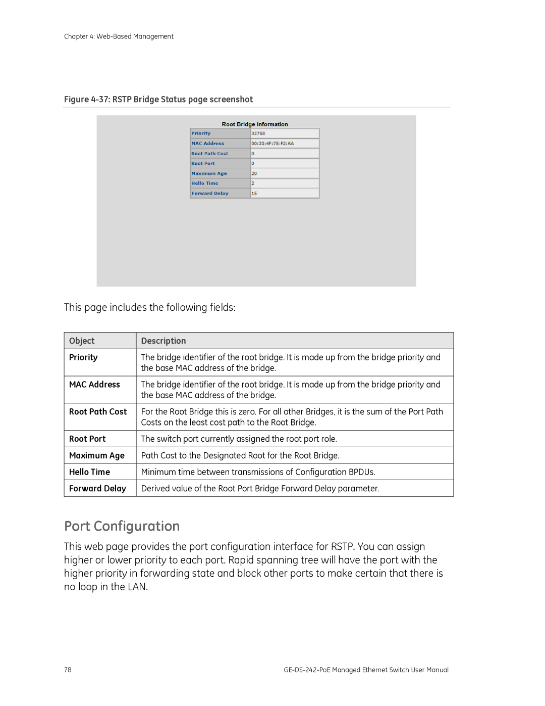 Graco GE-DS-242-POE manual MAC Address, Root Path Cost, Root Port, Maximum Age, Forward Delay 