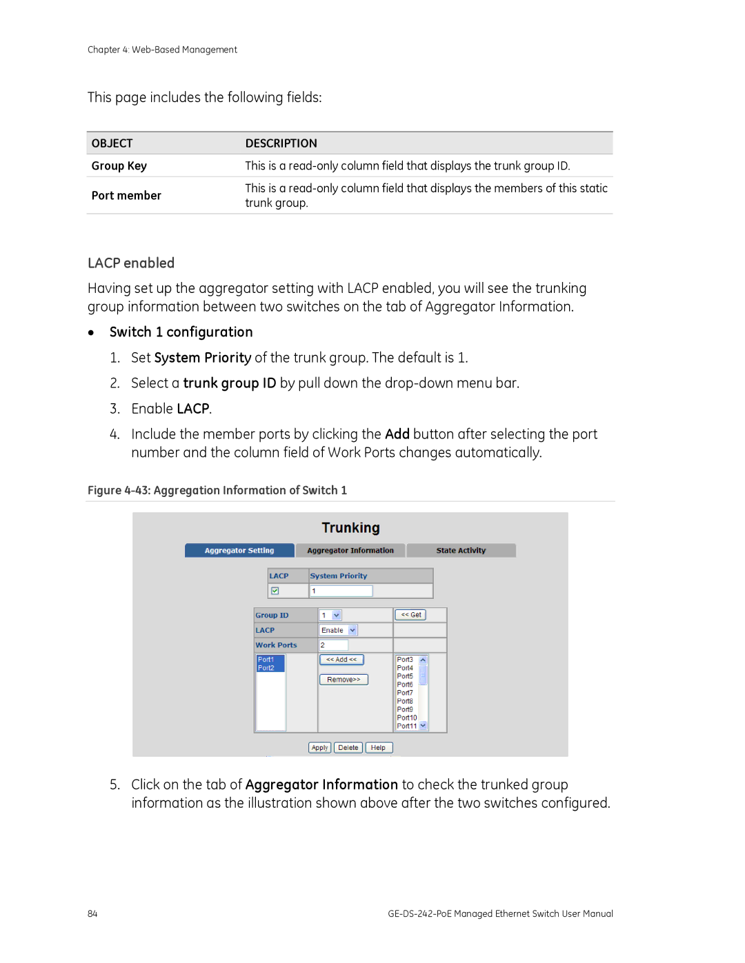 Graco GE-DS-242-POE manual Lacp enabled, Switch 1 configuration, Trunk group 