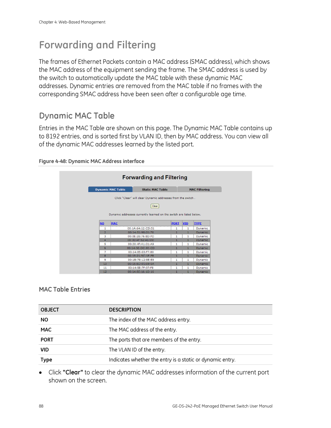 Graco GE-DS-242-POE manual Forwarding and Filtering, Dynamic MAC Table, MAC Table Entries 