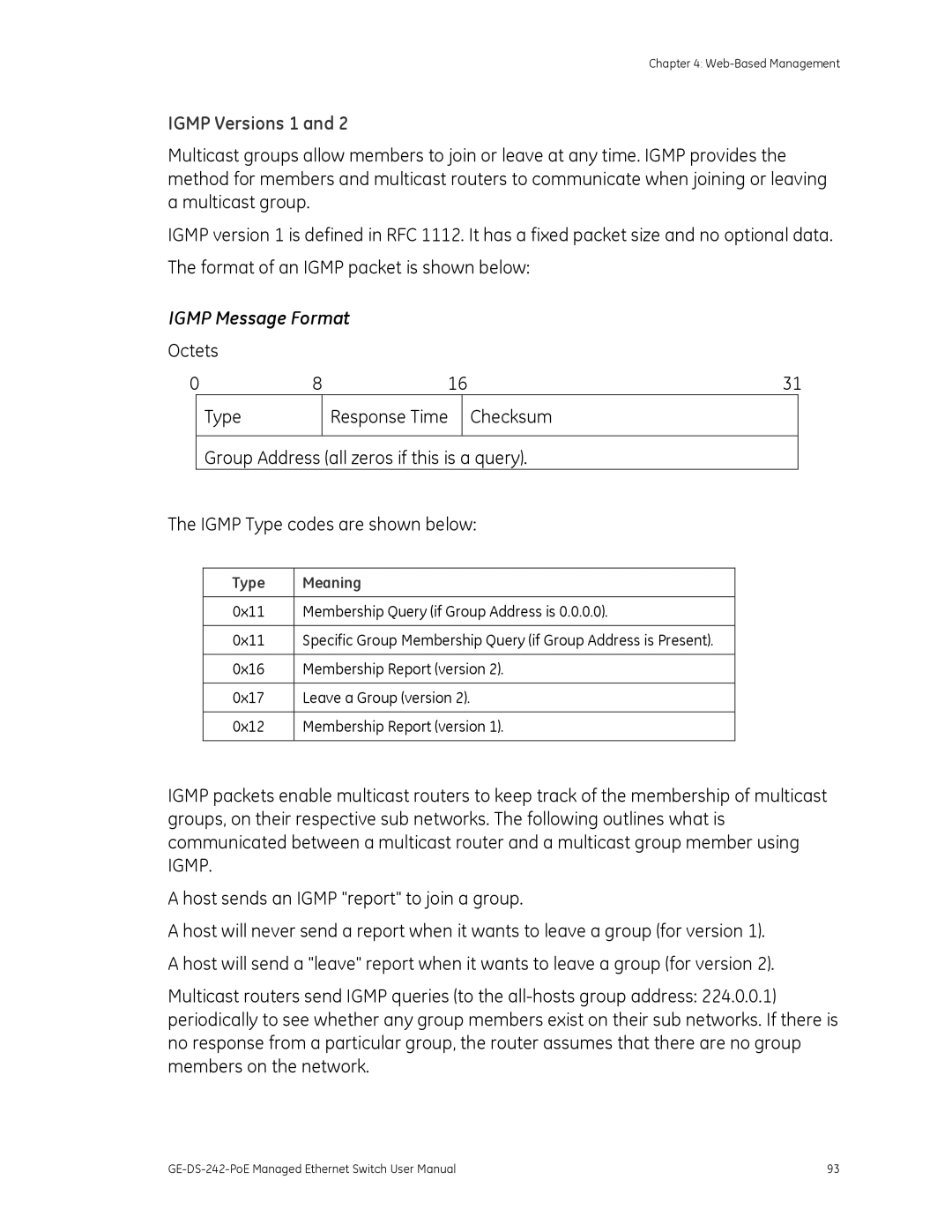 Graco GE-DS-242-POE manual Igmp Versions 1, Igmp Message Format 