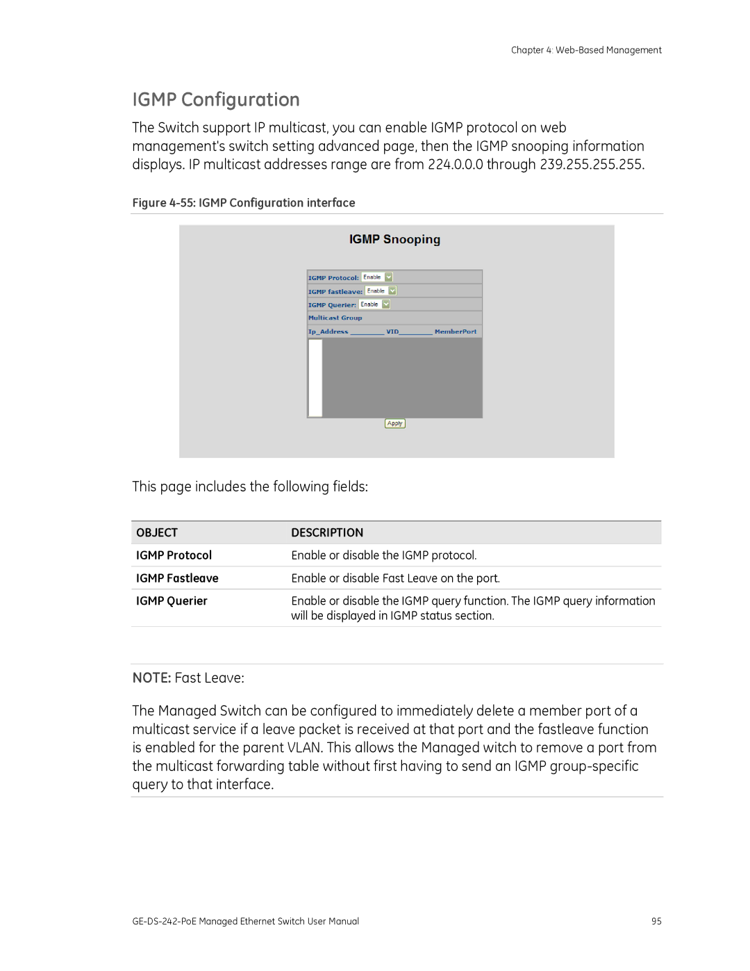 Graco GE-DS-242-POE manual Igmp Configuration, Will be displayed in Igmp status section 