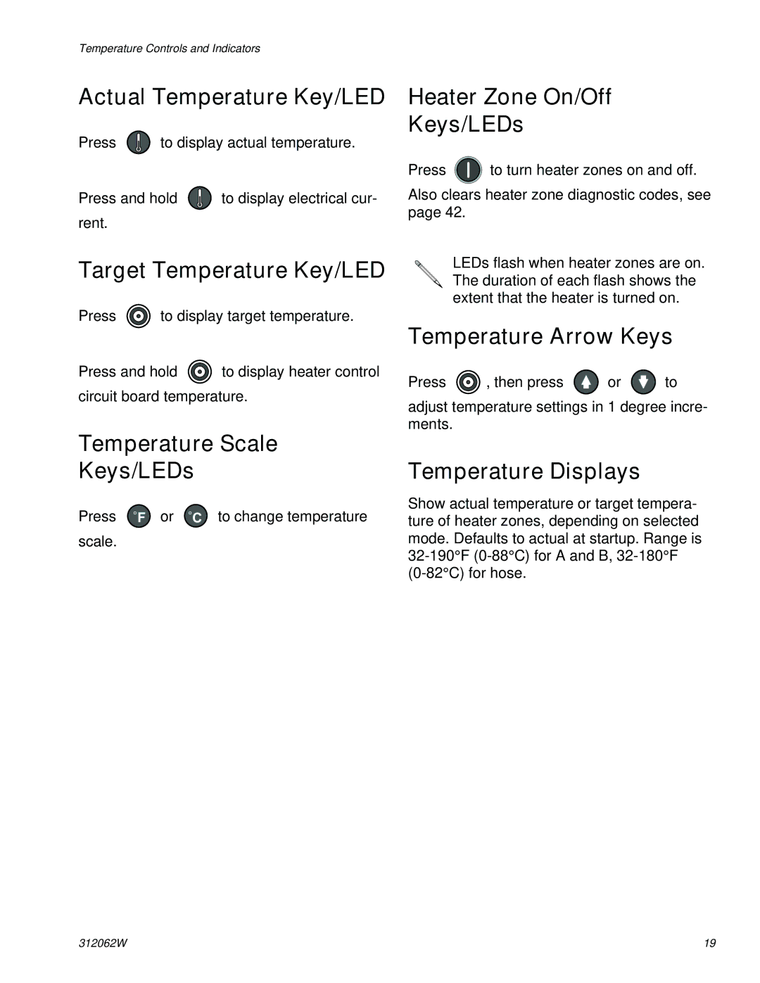 Graco H40, H50 Actual Temperature Key/LED, Target Temperature Key/LED, Temperature Scale Keys/LEDs, Temperature Arrow Keys 